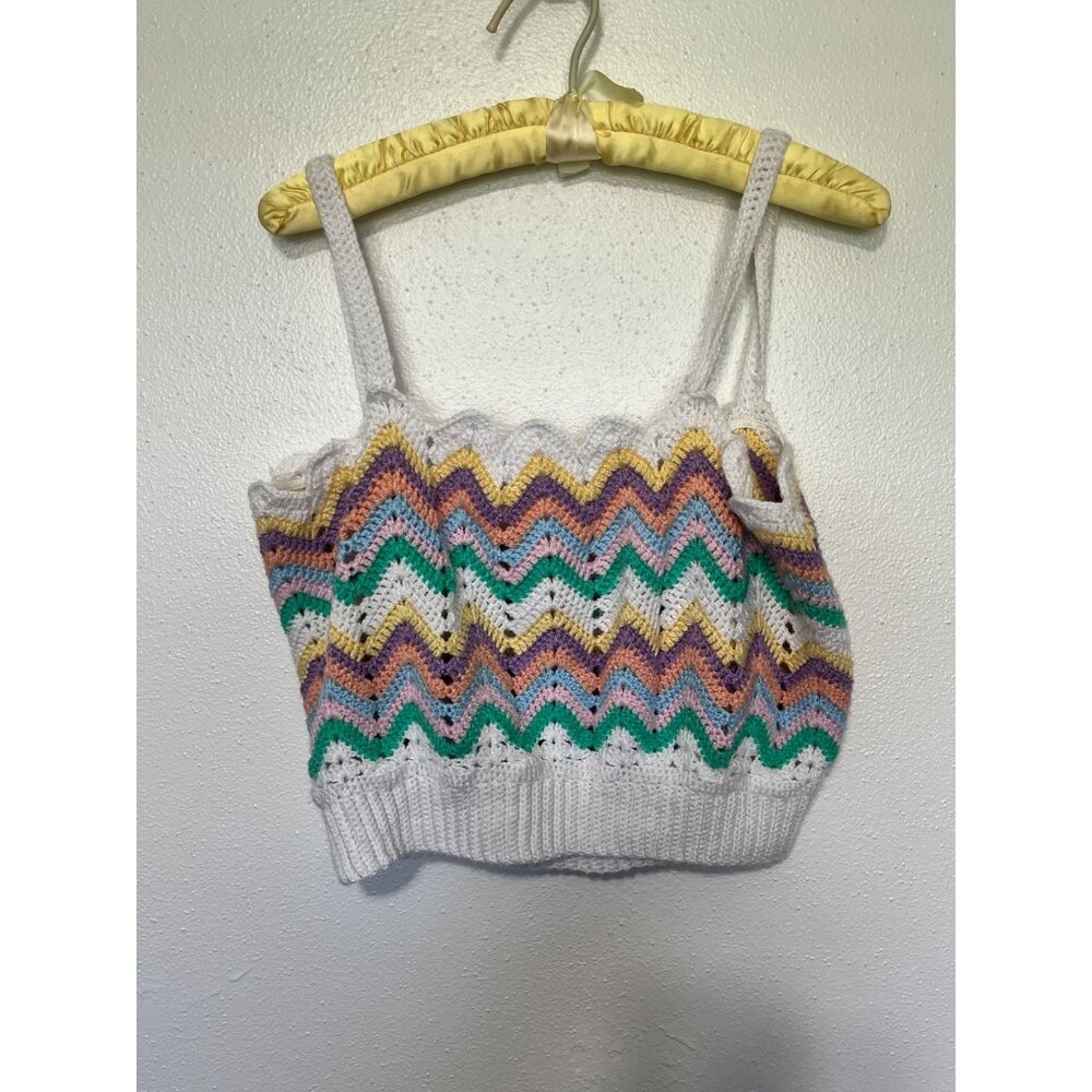 Unbranded Crop Tank Top Crochet White and multi stripe Womans M/L